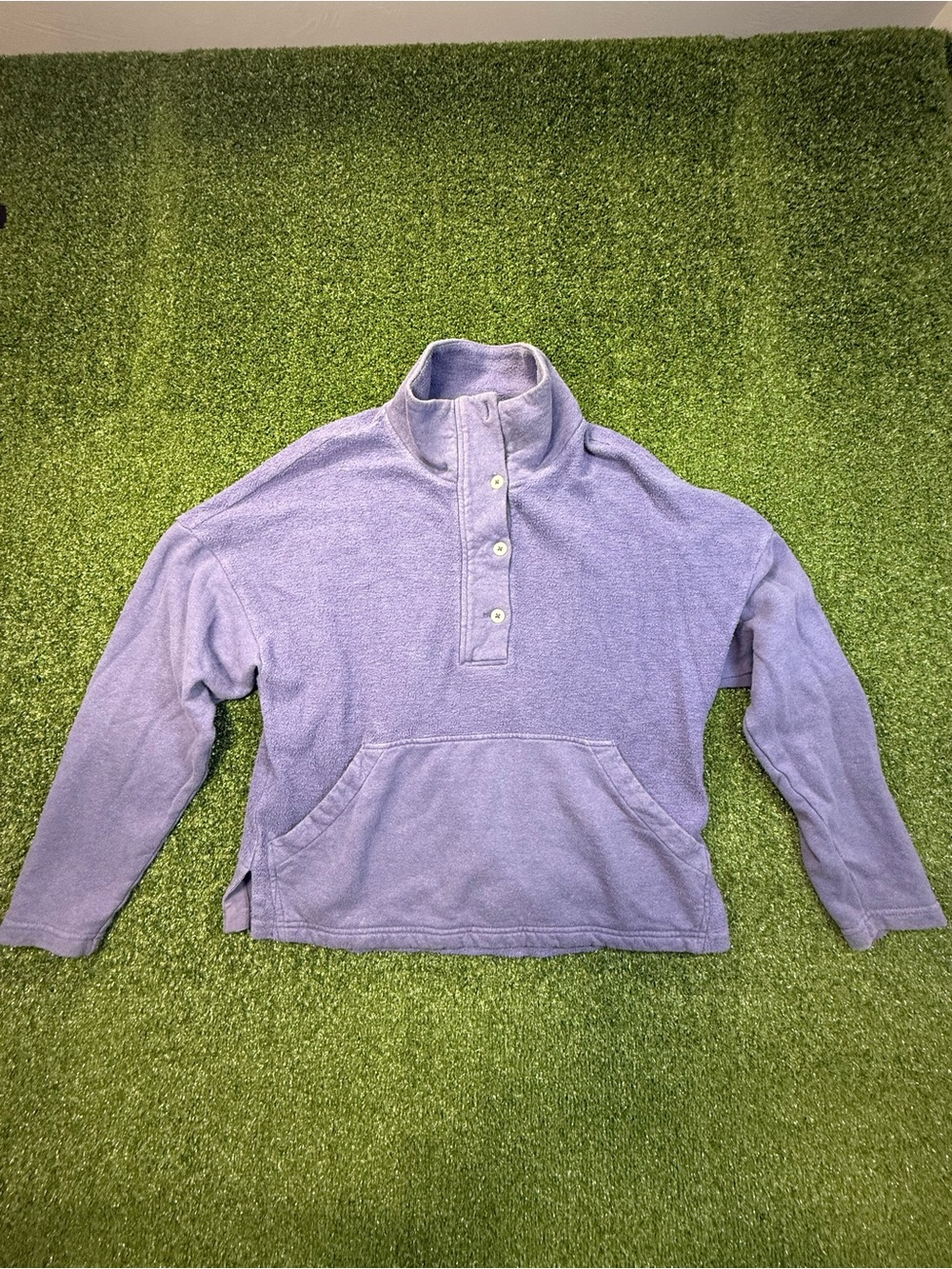REI Co-Op Purple Terrycloth 1/2 Button Pullover Cropped Sweatshirt Mock Neck S